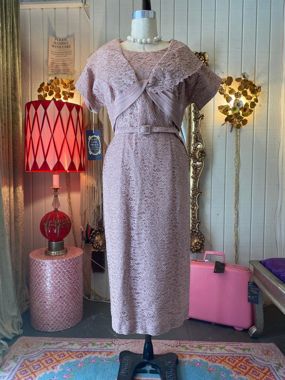 vintage 1950s pink lace dress, shawl collar, classic 50s, timeless style, plus L